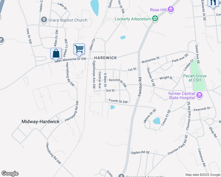 map of restaurants, bars, coffee shops, grocery stores, and more near 121 3rd Street in Milledgeville