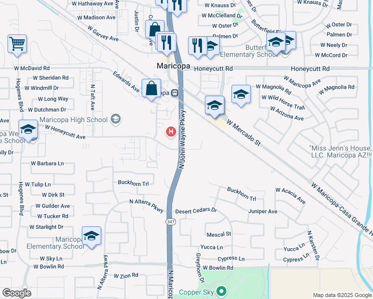 map of restaurants, bars, coffee shops, grocery stores, and more near 44235 West Honeycutt Avenue in Maricopa