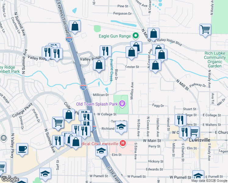 map of restaurants, bars, coffee shops, grocery stores, and more near 605 Millican Drive in Lewisville