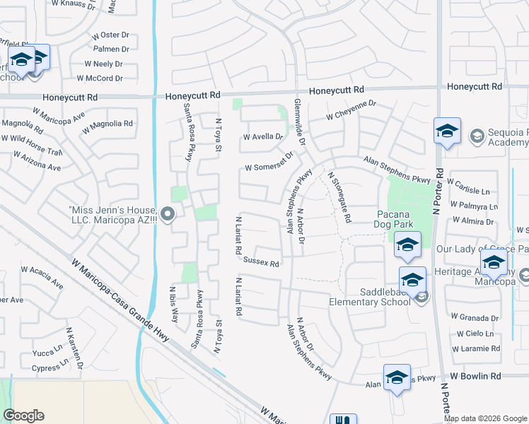 map of restaurants, bars, coffee shops, grocery stores, and more near 42521 West Rosalia Drive in Maricopa