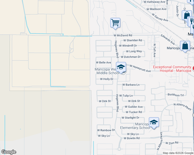 map of restaurants, bars, coffee shops, grocery stores, and more near 46129 Kristina Way in Maricopa
