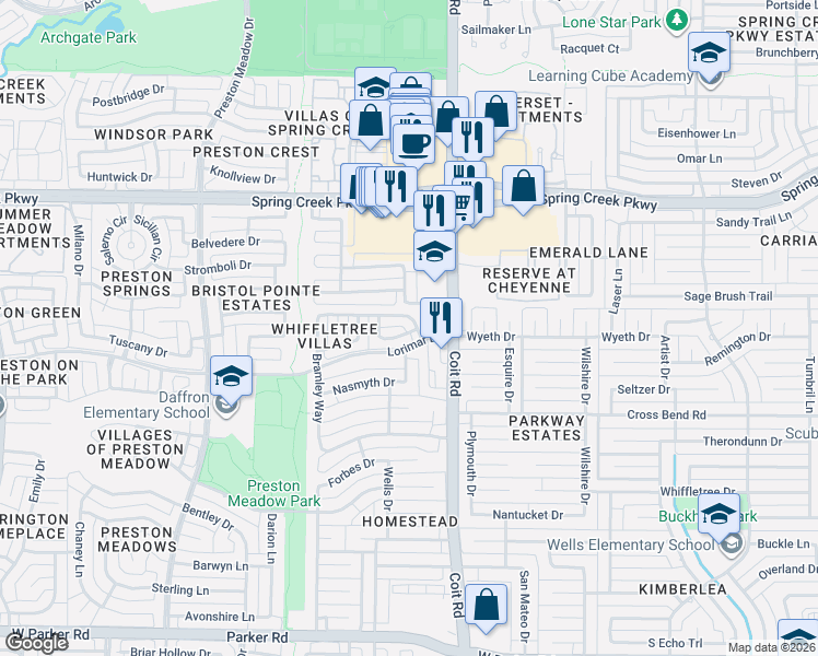 map of restaurants, bars, coffee shops, grocery stores, and more near 4109 Stanton Boulevard in Plano