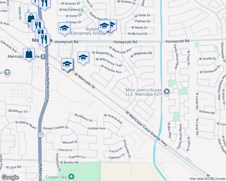 map of restaurants, bars, coffee shops, grocery stores, and more near 19032 North Kristal Lane in Maricopa