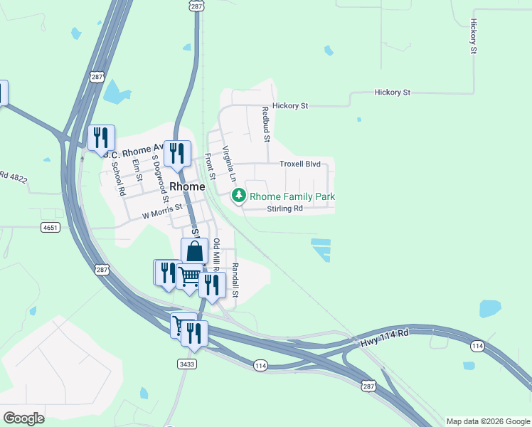 map of restaurants, bars, coffee shops, grocery stores, and more near 425 Stirling Road in Rhome