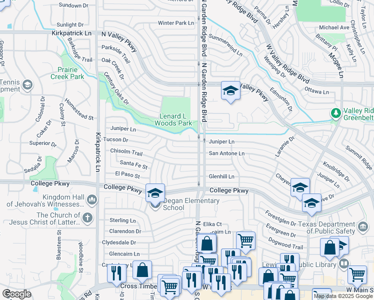 map of restaurants, bars, coffee shops, grocery stores, and more near 1625 San Antone Lane in Lewisville
