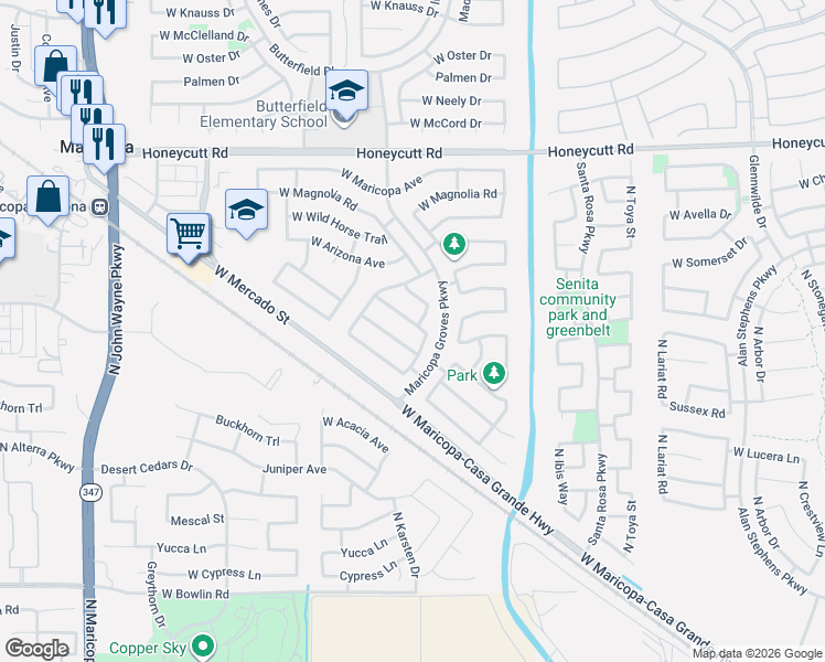 map of restaurants, bars, coffee shops, grocery stores, and more near 43476 West Blazen Trail in Maricopa