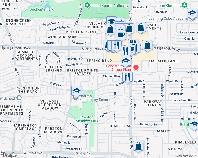 map of restaurants, bars, coffee shops, grocery stores, and more near 4048 Stanton Boulevard in Plano
