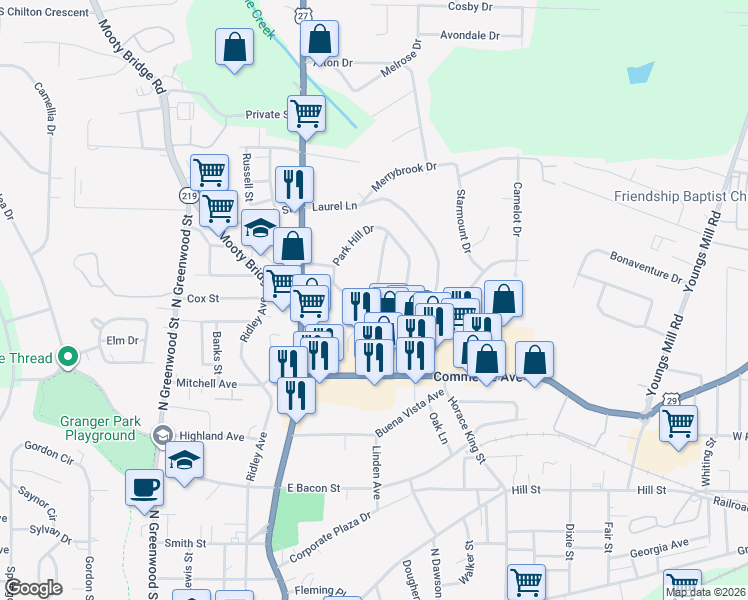 map of restaurants, bars, coffee shops, grocery stores, and more near 225 Hickory Terrace in LaGrange