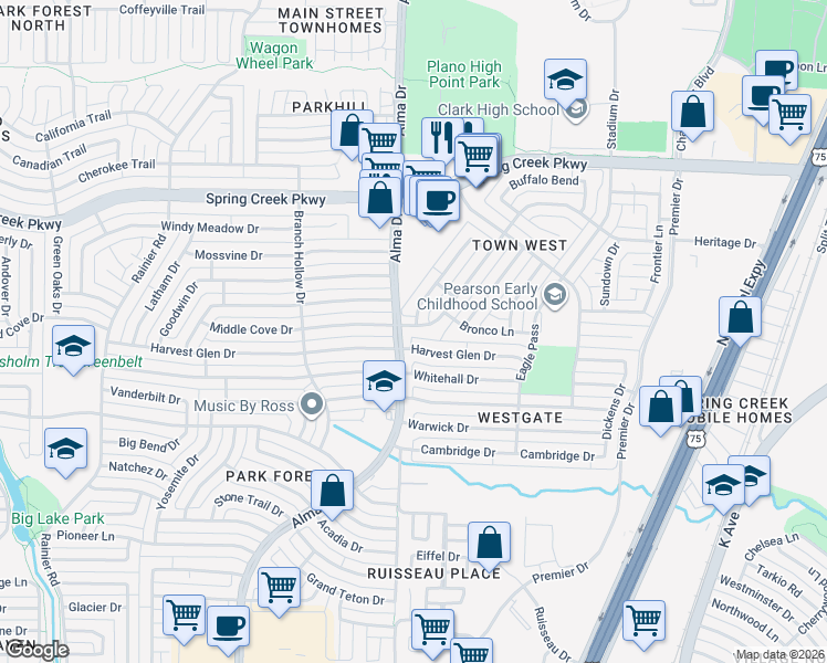 map of restaurants, bars, coffee shops, grocery stores, and more near 4001 Mountain Pass Drive in Plano