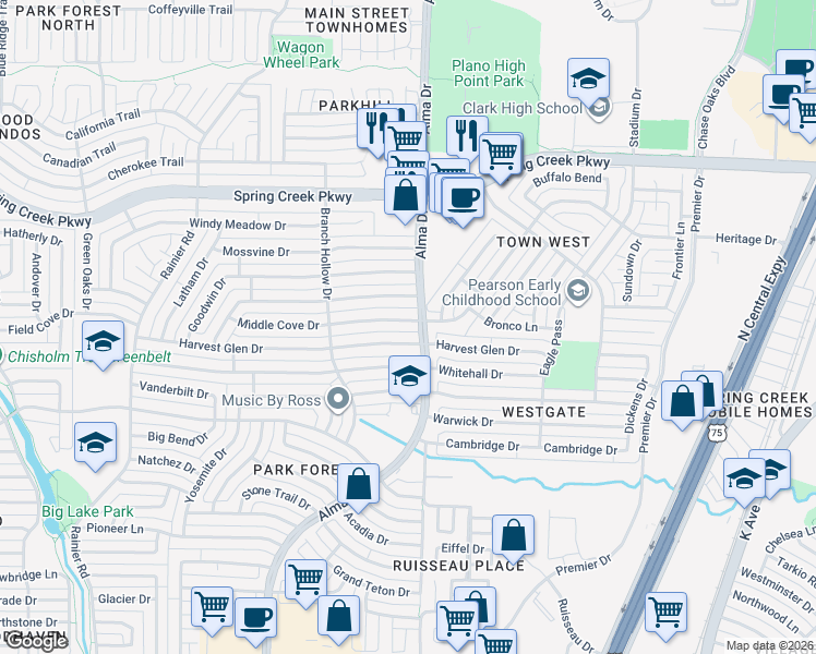 map of restaurants, bars, coffee shops, grocery stores, and more near 913 Middle Cove Drive in Plano