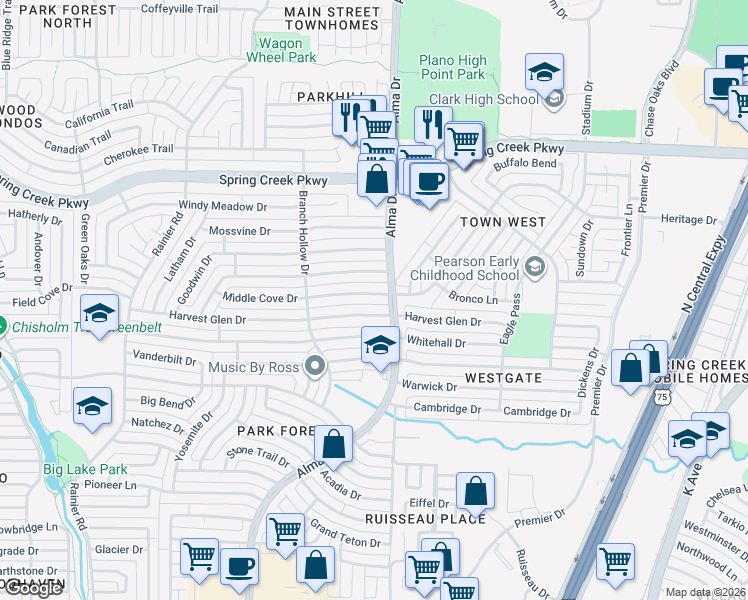 map of restaurants, bars, coffee shops, grocery stores, and more near 913 Middle Cove Drive in Plano