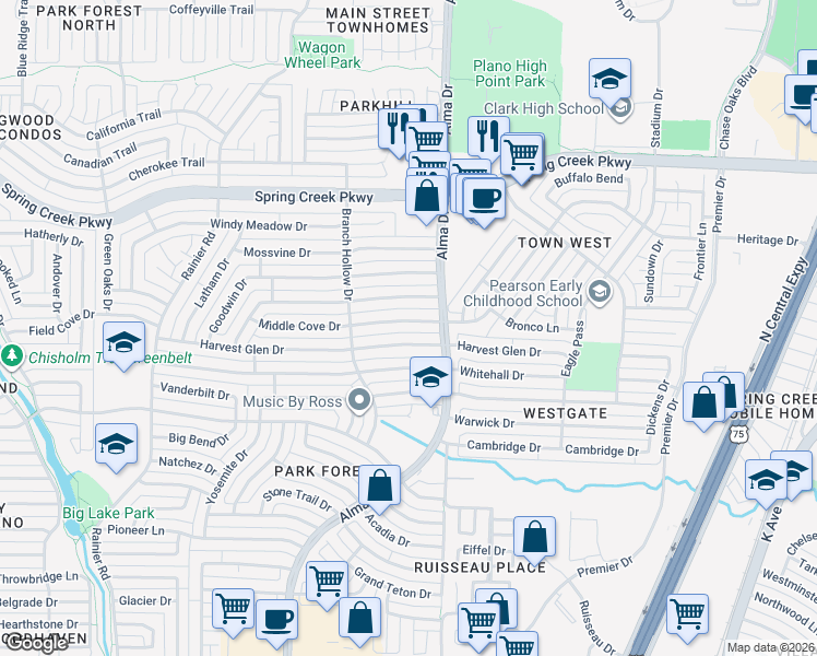 map of restaurants, bars, coffee shops, grocery stores, and more near 913 Middle Cove Drive in Plano