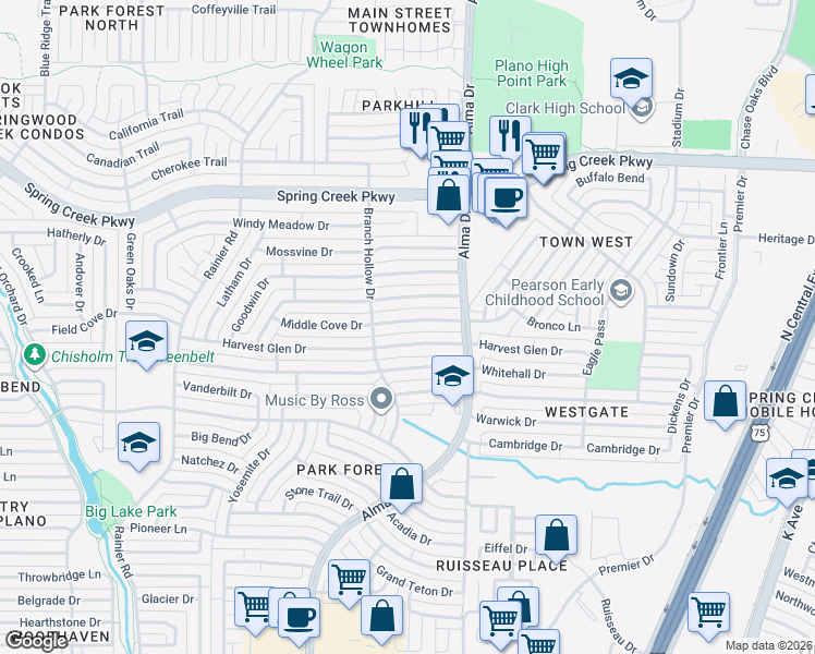 map of restaurants, bars, coffee shops, grocery stores, and more near 937 Middle Cove Drive in Plano