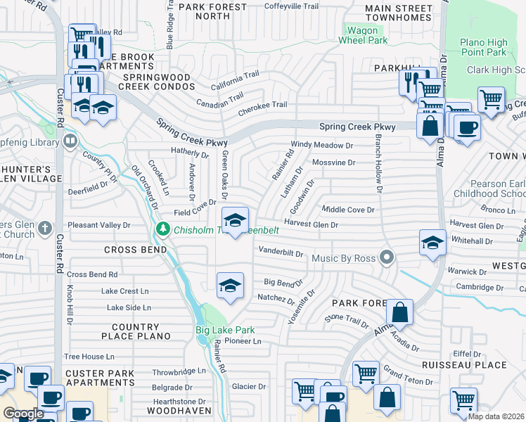 map of restaurants, bars, coffee shops, grocery stores, and more near 1503 Field Cove Drive in Plano