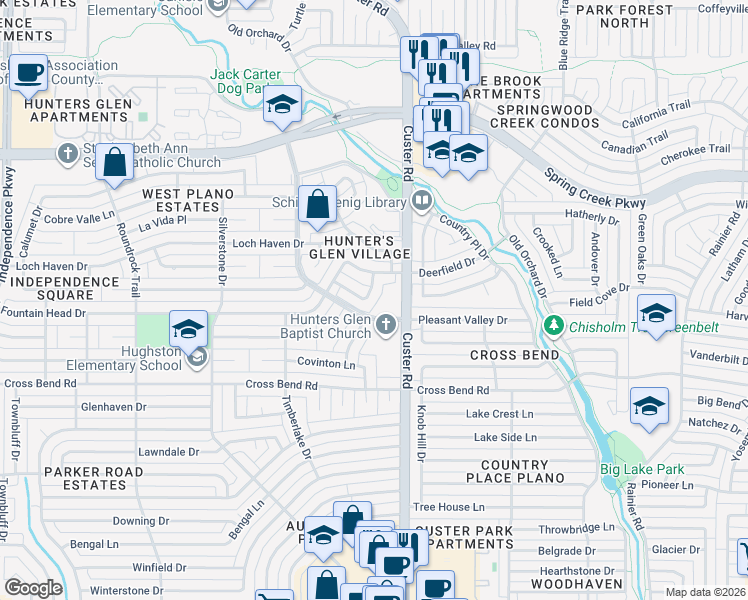 map of restaurants, bars, coffee shops, grocery stores, and more near 2121 Tomahawk Drive in Plano