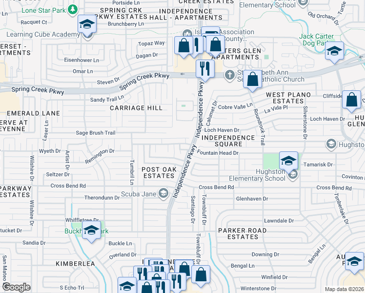 map of restaurants, bars, coffee shops, grocery stores, and more near 3005 Dibrell Drive in Plano