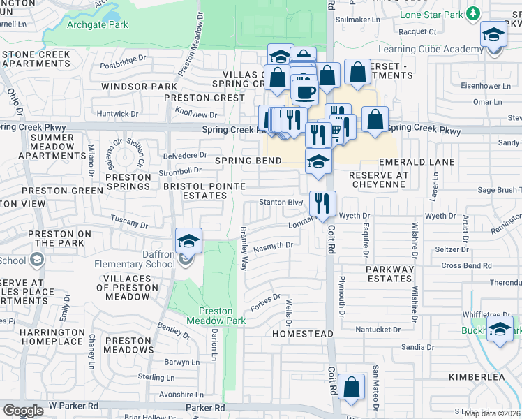 map of restaurants, bars, coffee shops, grocery stores, and more near 4217 Stanton Boulevard in Plano