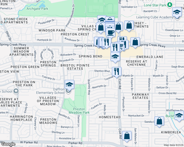 map of restaurants, bars, coffee shops, grocery stores, and more near 4048 Stanton Boulevard in Plano