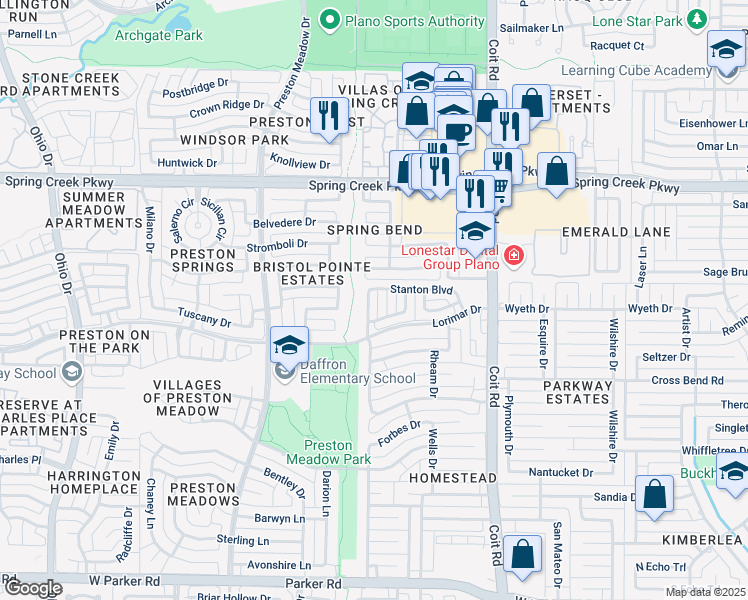 map of restaurants, bars, coffee shops, grocery stores, and more near 4048 Stanton Boulevard in Plano