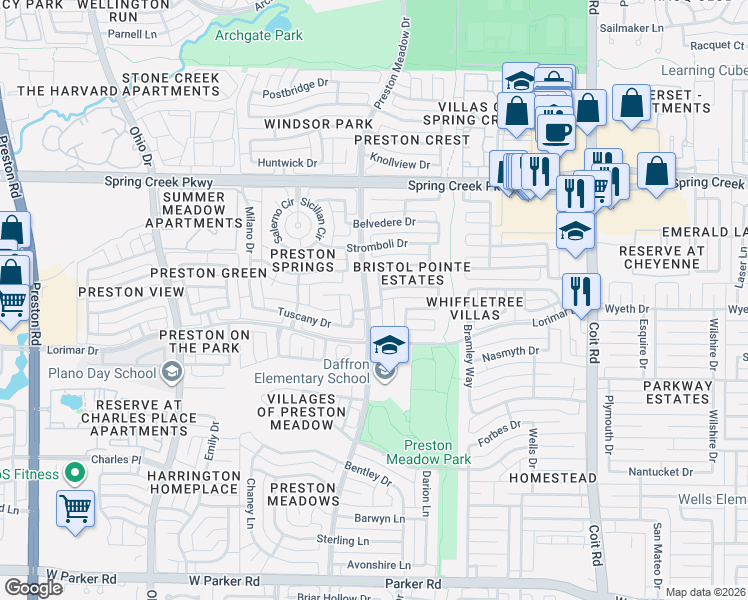 map of restaurants, bars, coffee shops, grocery stores, and more near 4041 Aladdin Drive in Plano