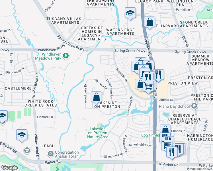 map of restaurants, bars, coffee shops, grocery stores, and more near 5124 Lake Falls Drive in Plano
