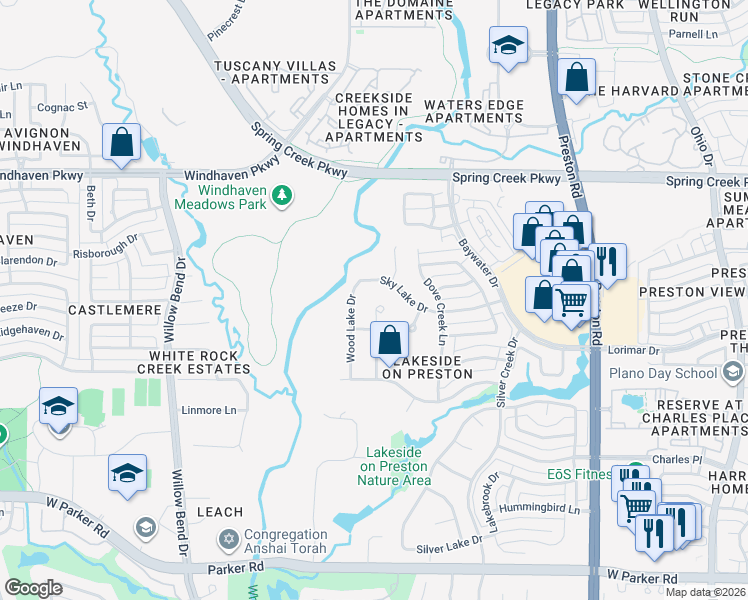 map of restaurants, bars, coffee shops, grocery stores, and more near 5232 Sky Lake Drive in Plano