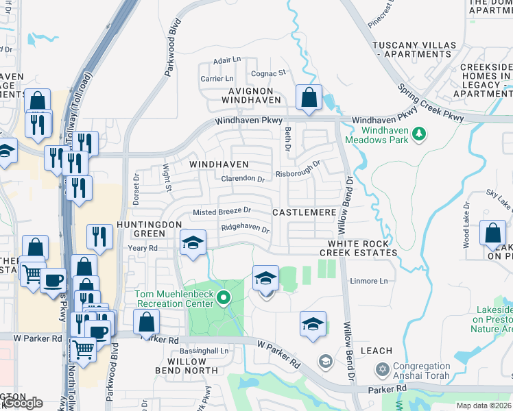 map of restaurants, bars, coffee shops, grocery stores, and more near 5704 Meadowhaven Drive in Plano