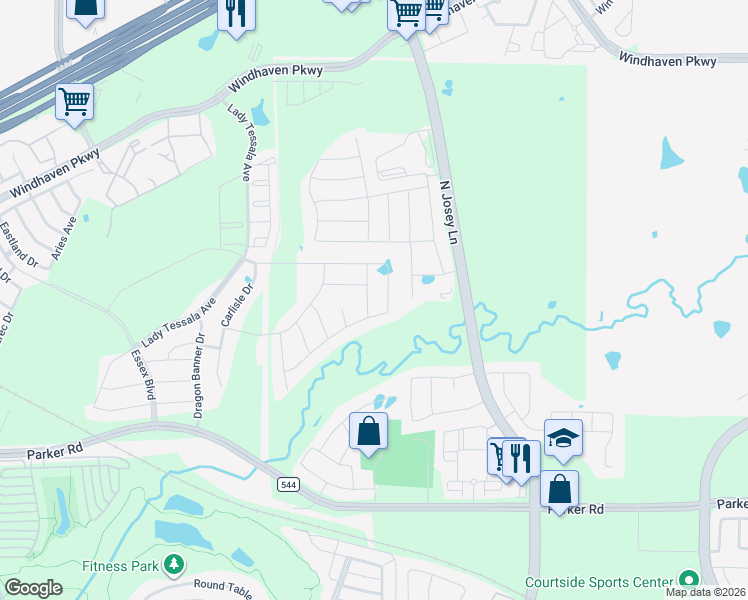 map of restaurants, bars, coffee shops, grocery stores, and more near 1425 Prairie Lake Court in Lewisville