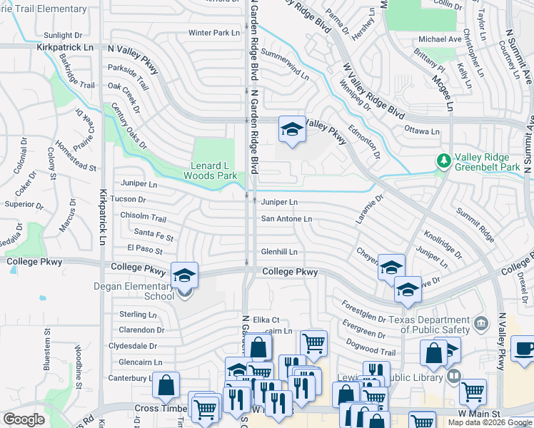 map of restaurants, bars, coffee shops, grocery stores, and more near 1538 Juniper Lane in Lewisville