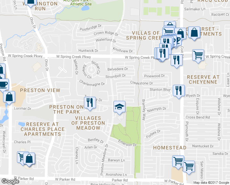 map of restaurants, bars, coffee shops, grocery stores, and more near Preston Meadow Drive in Plano