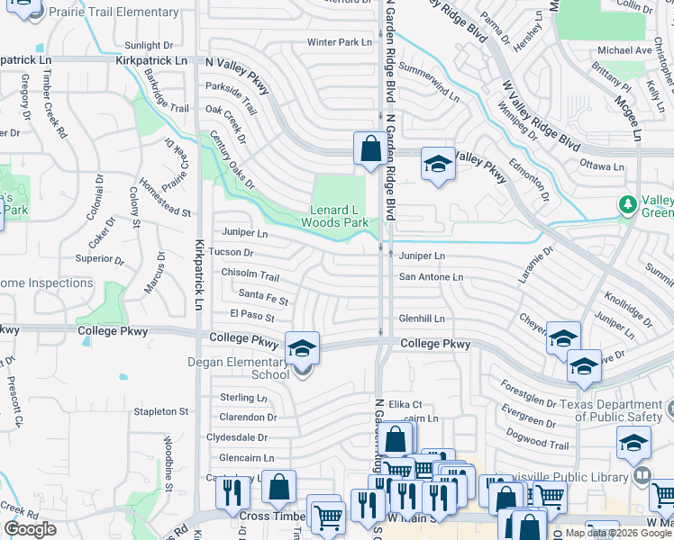 map of restaurants, bars, coffee shops, grocery stores, and more near 1655 San Antone Lane in Lewisville
