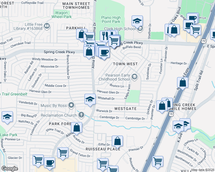 map of restaurants, bars, coffee shops, grocery stores, and more near 800 Middle Cove Drive in Plano