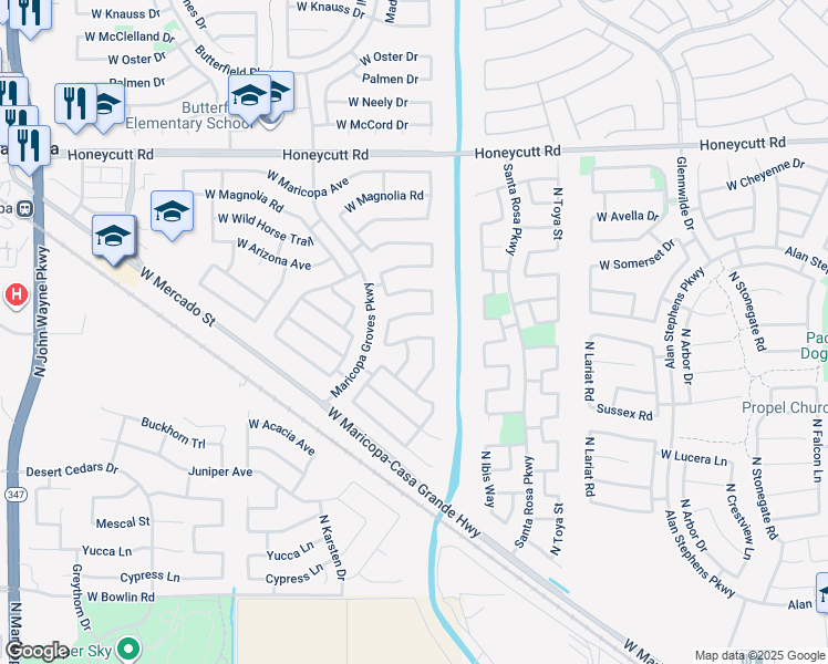 map of restaurants, bars, coffee shops, grocery stores, and more near 43242 West Jeremy Street in Maricopa
