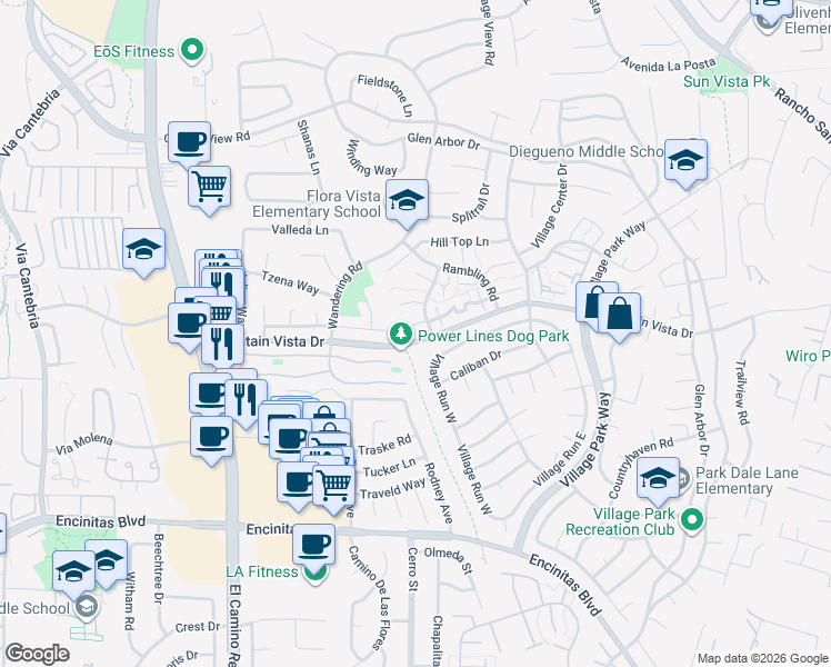 map of restaurants, bars, coffee shops, grocery stores, and more near 1617 Blossom Field Way in Encinitas