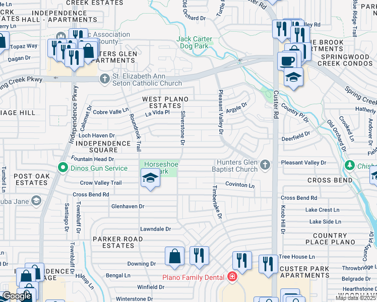 map of restaurants, bars, coffee shops, grocery stores, and more near 2321 Chamberlain Drive in Plano