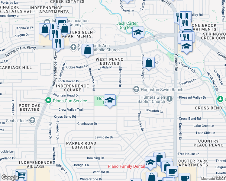 map of restaurants, bars, coffee shops, grocery stores, and more near 2501 Chamberlain Drive in Plano