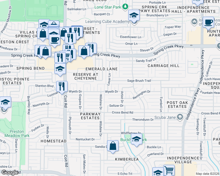 map of restaurants, bars, coffee shops, grocery stores, and more near 4033 Fechin Circle in Plano