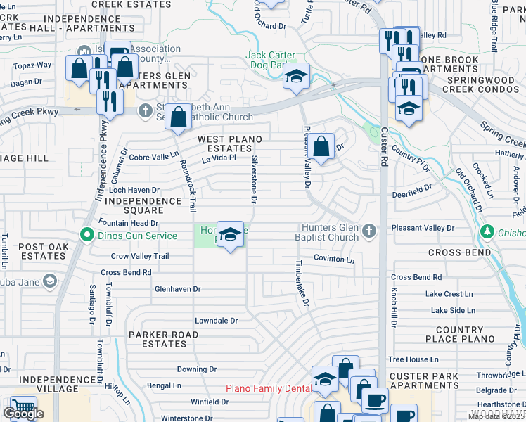 map of restaurants, bars, coffee shops, grocery stores, and more near 2321 Chamberlain Drive in Plano