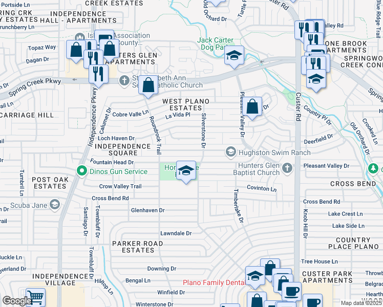 map of restaurants, bars, coffee shops, grocery stores, and more near 2501 Chamberlain Drive in Plano
