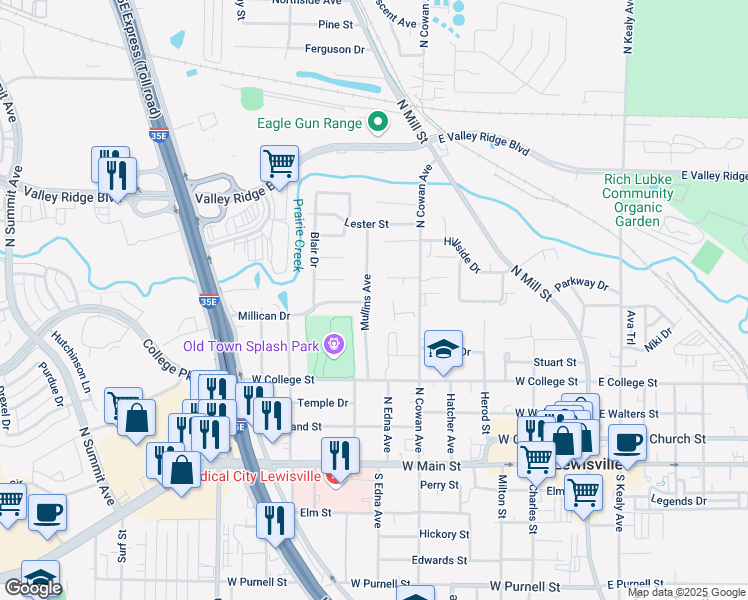 map of restaurants, bars, coffee shops, grocery stores, and more near 620 Mullins Avenue in Lewisville