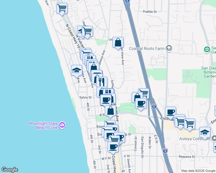 map of restaurants, bars, coffee shops, grocery stores, and more near 177 North Vulcan Avenue in Encinitas