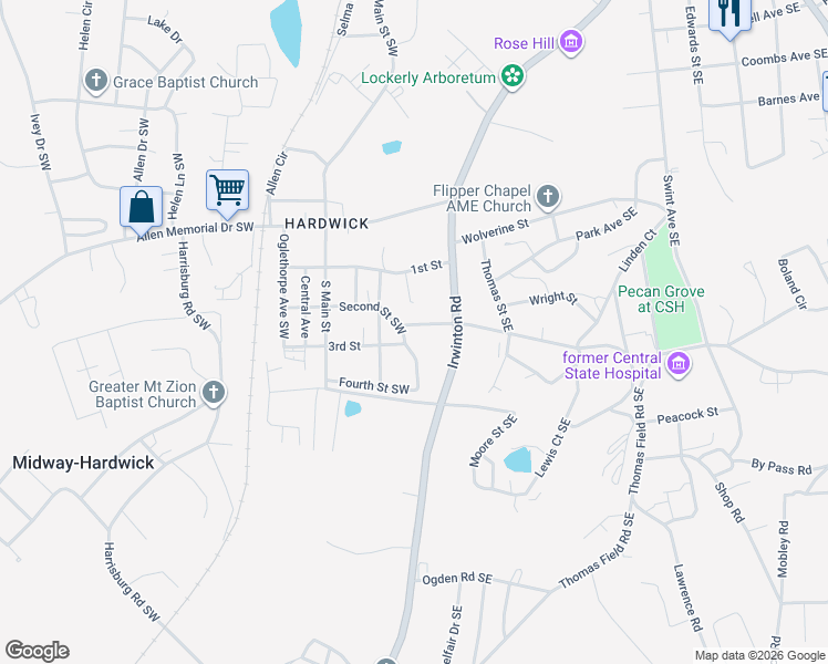 map of restaurants, bars, coffee shops, grocery stores, and more near 114 Hardwick Street in Milledgeville
