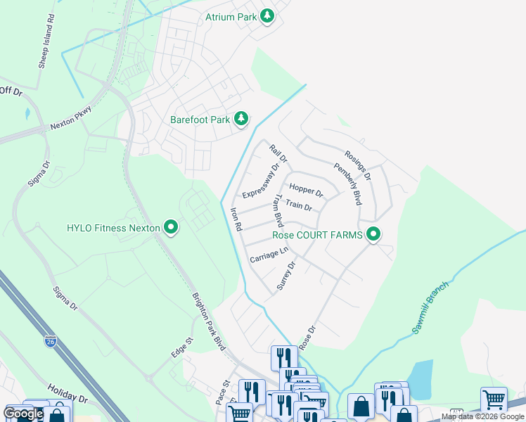 map of restaurants, bars, coffee shops, grocery stores, and more near 105 Baldwin Lane in Summerville