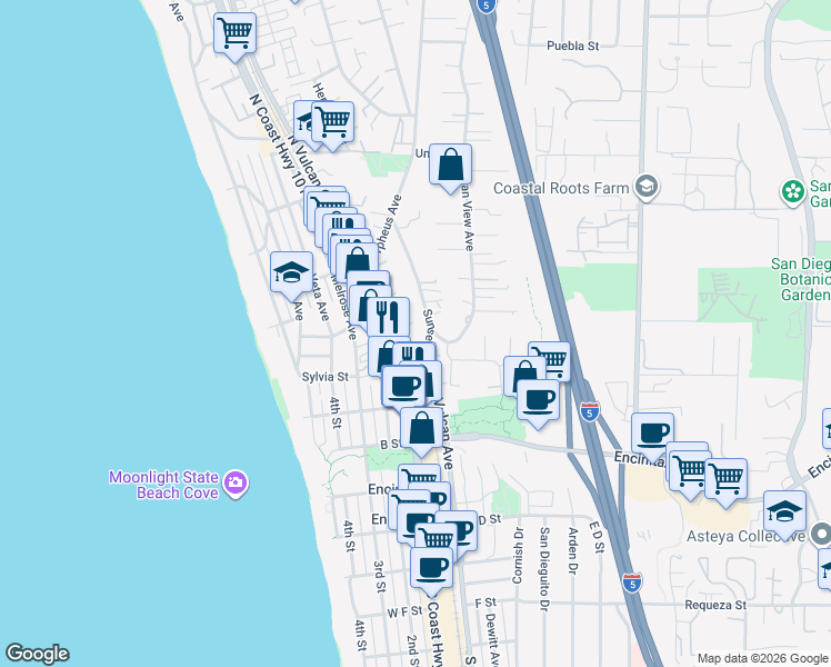 map of restaurants, bars, coffee shops, grocery stores, and more near 177 North Vulcan Avenue in Encinitas