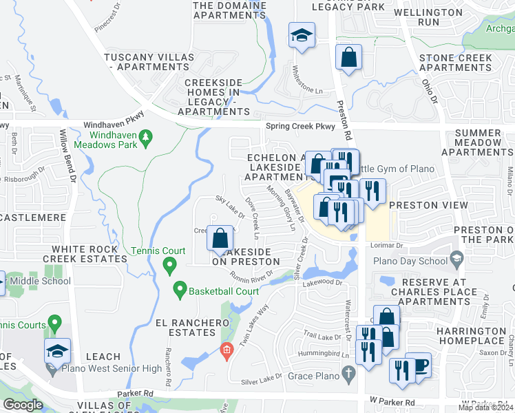 map of restaurants, bars, coffee shops, grocery stores, and more near 5124 Lake Falls Drive in Plano