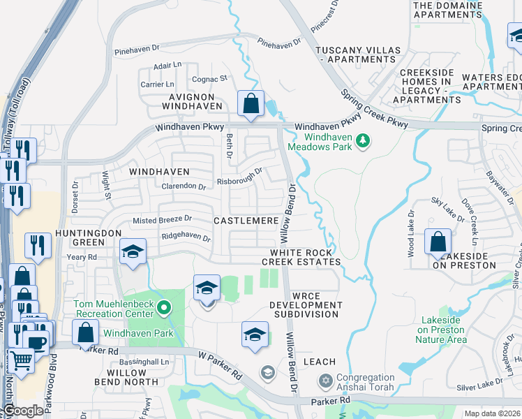 map of restaurants, bars, coffee shops, grocery stores, and more near 5801 Greenwyck Drive in Plano