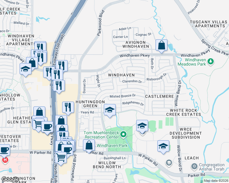 map of restaurants, bars, coffee shops, grocery stores, and more near 5800-5818 Reading Drive in Plano
