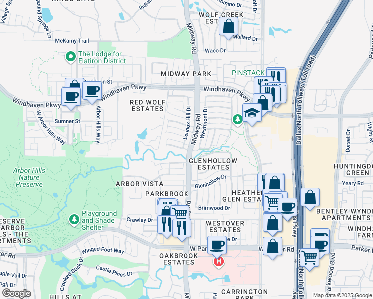map of restaurants, bars, coffee shops, grocery stores, and more near 6409 Willow Creek Drive in Plano