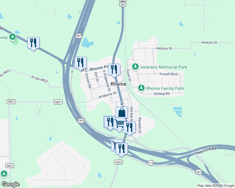map of restaurants, bars, coffee shops, grocery stores, and more near 130 Morris Street in Rhome