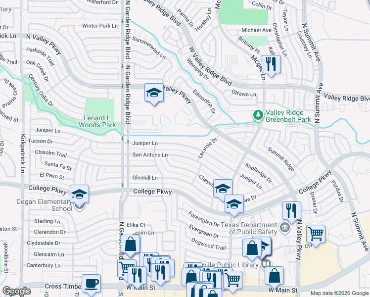 map of restaurants, bars, coffee shops, grocery stores, and more near 1432 Juniper Ln in Lewisville